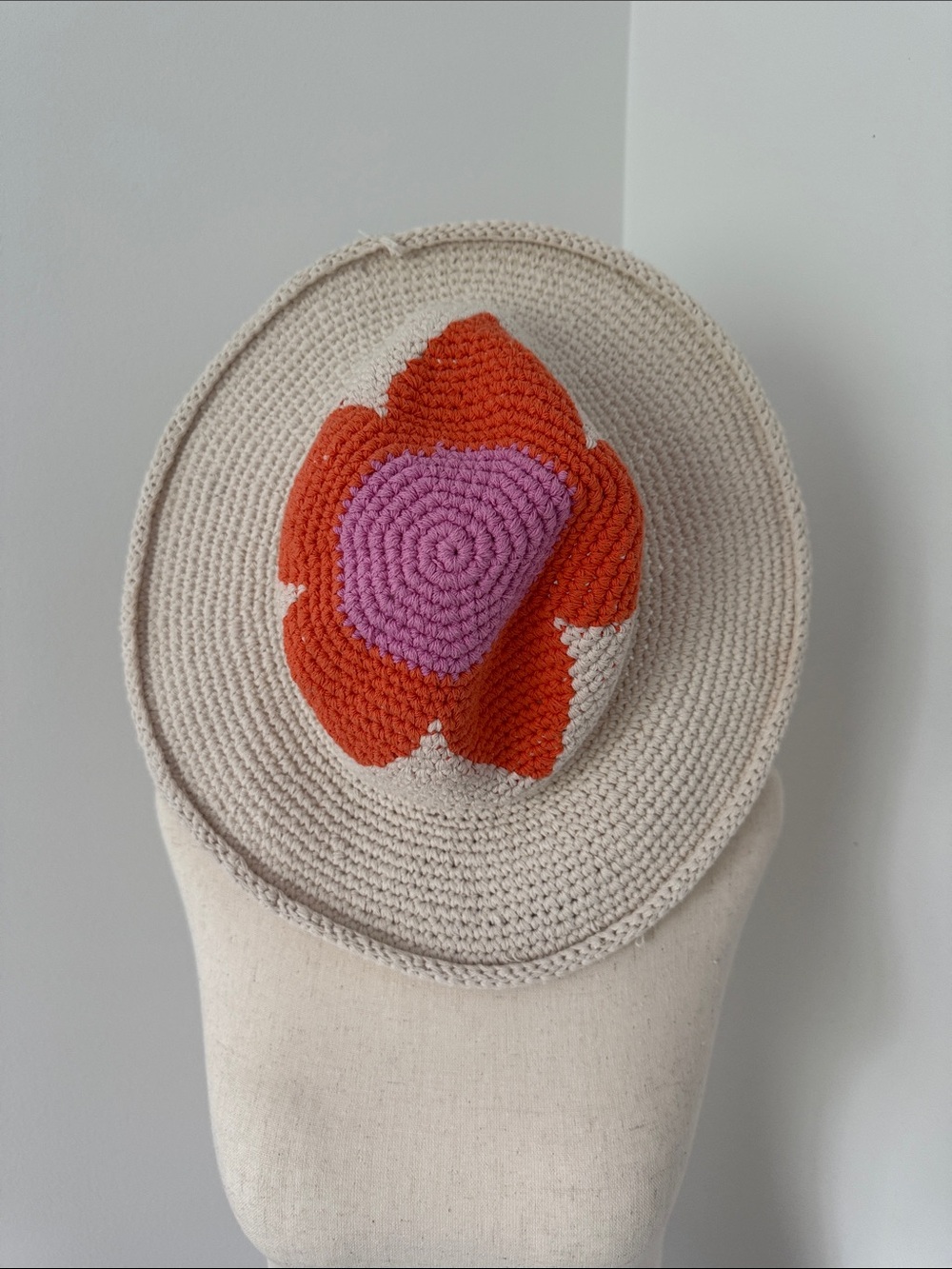 Free People Crocheted Hat with Pink Center and Orange Ring 100% cotton